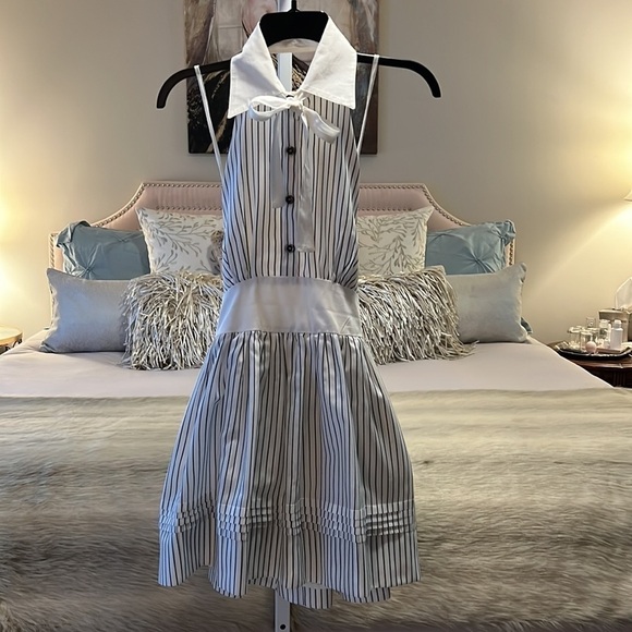 SEA NEW YORK White Gray Stripped 2 Dress Cotton Halter Bow Tie Collar Backless - Picture 8 of 17